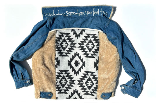 women's upcycled denim jacket: upcycled faux fur southwestern wool blanket remnant black/white