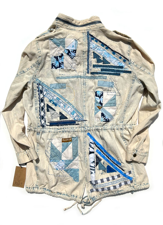 women's thread painted upcycled denim jacket: windbreaker style wearable art, shades of blue