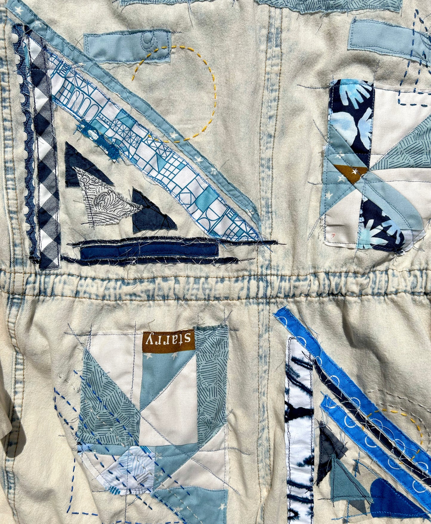 women's thread painted upcycled denim jacket: windbreaker style wearable art, shades of blue