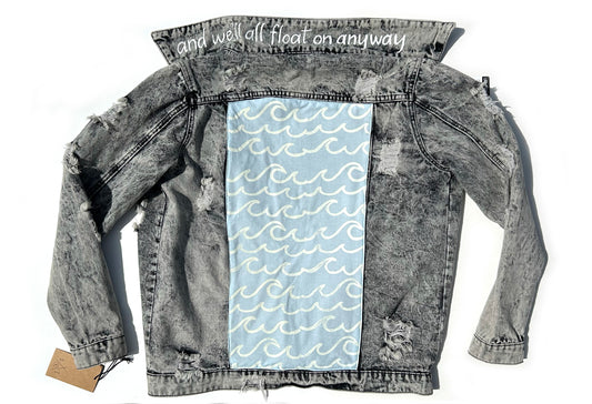 women's fabric panel thread painted upcycled denim jacket: hand block printed waves fabric panel