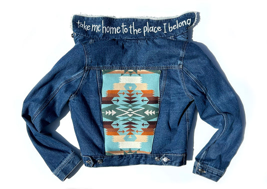 women's upcycled denim jacket: upcycled faux shearling southwestern wool blanket remnant green/blue