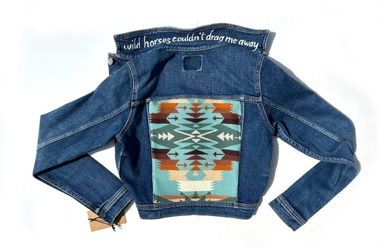 women's upcycled denim jacket: upcycled southwestern wool blanket remnant green/brown