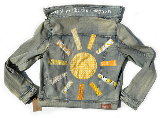 women's machine embroidered upcycled denim jacket: sunshine
