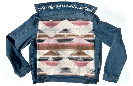 women's upcycled denim jacket: upcycled southwestern wool blanket remnant pink/brown
