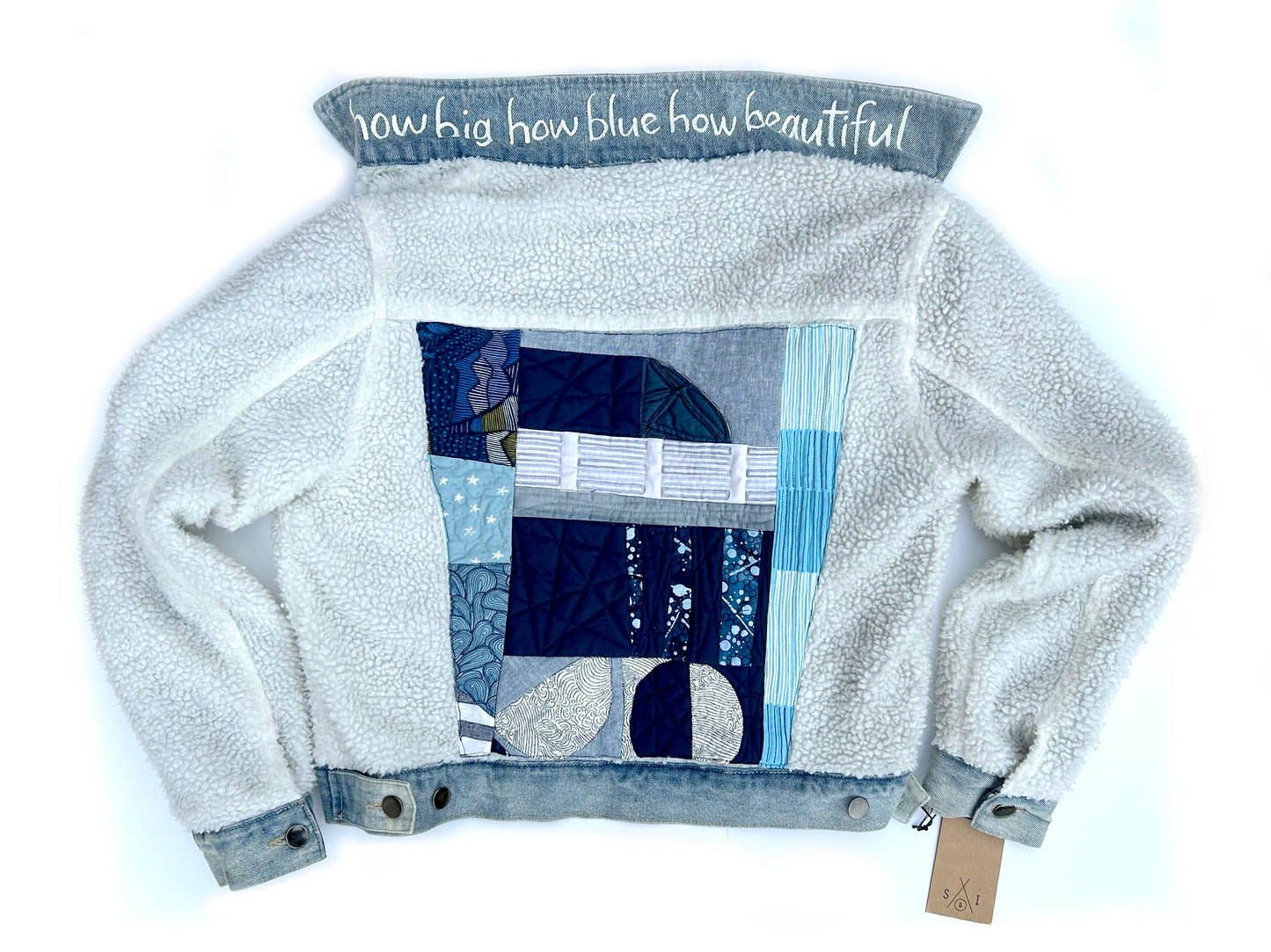 women's upcycled shearling denim: modern patchwork