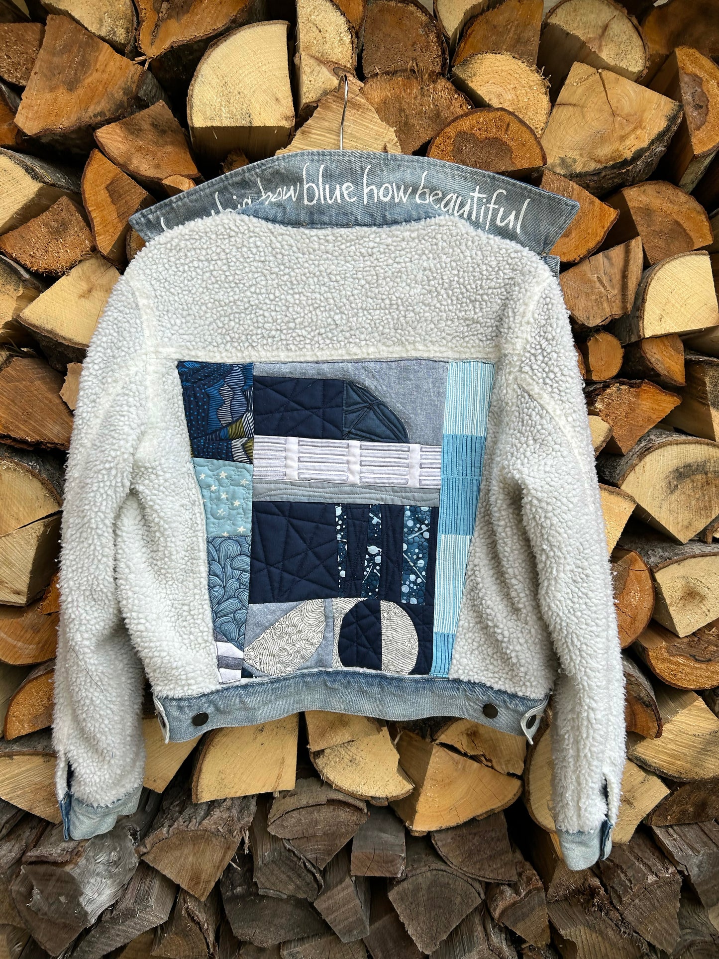 women's upcycled shearling denim: modern patchwork