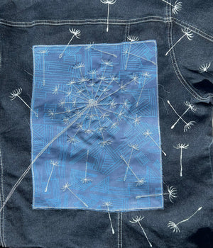 women's upcycled thread painted plus sized denim: dandelion seeds