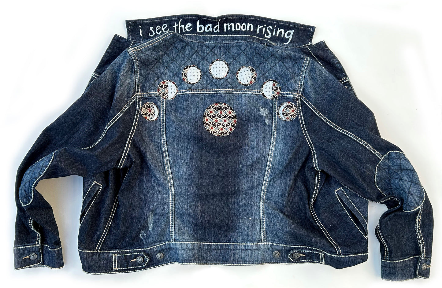 women's machine appliquéd upcycled denim: bad moon rising, moon phases