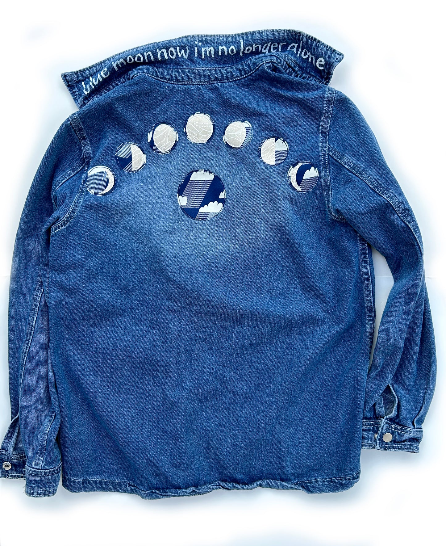 women's machine appliquéd upcycled denim shacket: no longer alone, moon phases