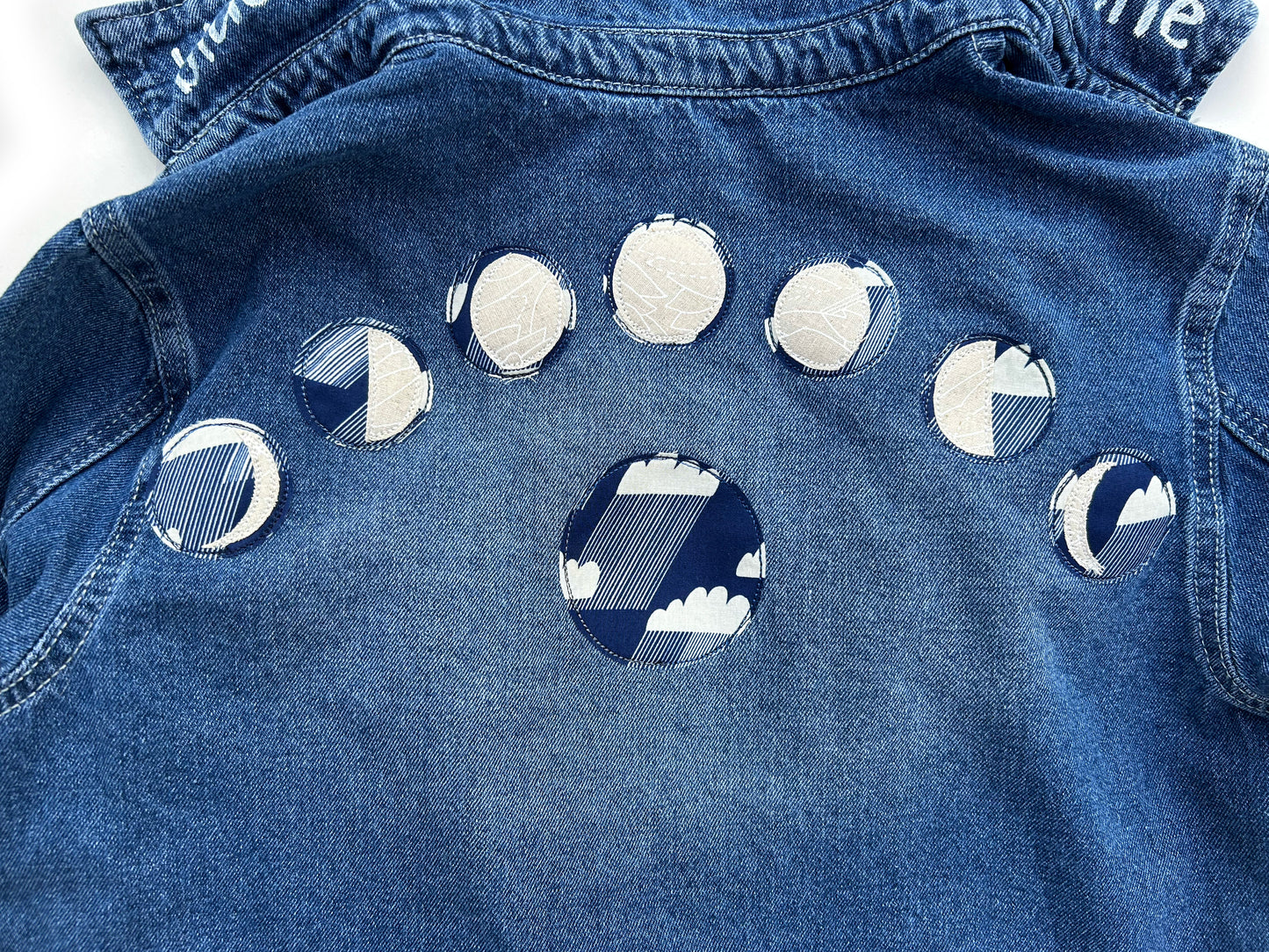 women's machine appliquéd upcycled denim shacket: no longer alone, moon phases