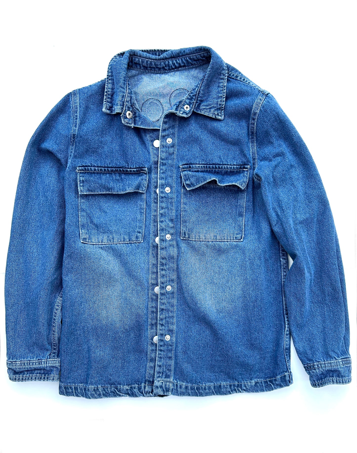 women's machine appliquéd upcycled denim shacket: no longer alone, moon phases