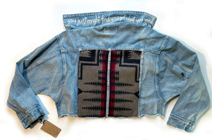 women's upcycled denim jacket: upcycled southwestern wool blanket remnant brown/black/red