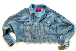women's upcycled denim jacket: upcycled southwestern wool blanket remnant brown/black/red