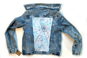 women's upcycled thread painted denim: dandelion seeds