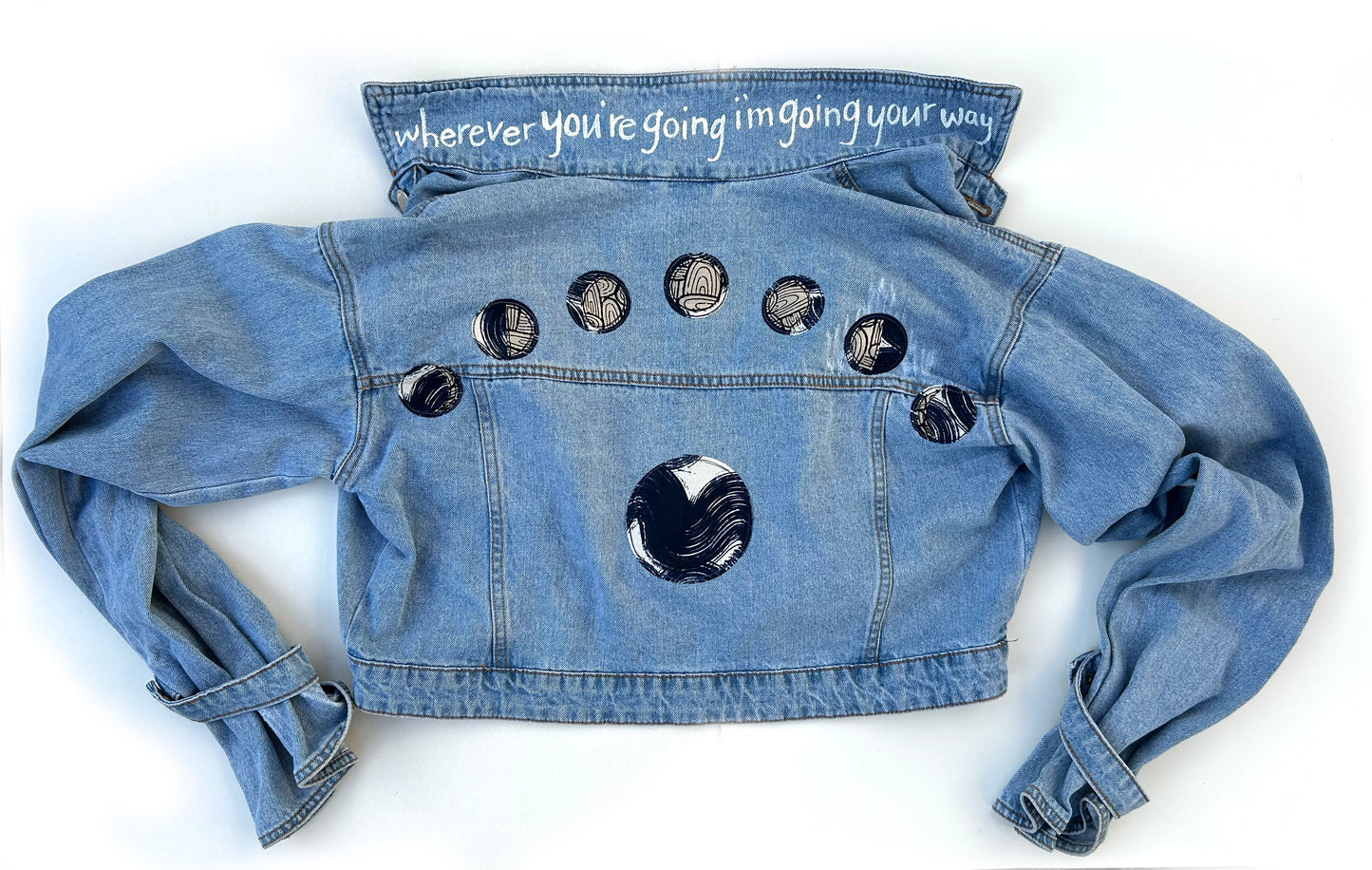 women's machine appliquéd upcycled denim: I'm going your way, moon phases