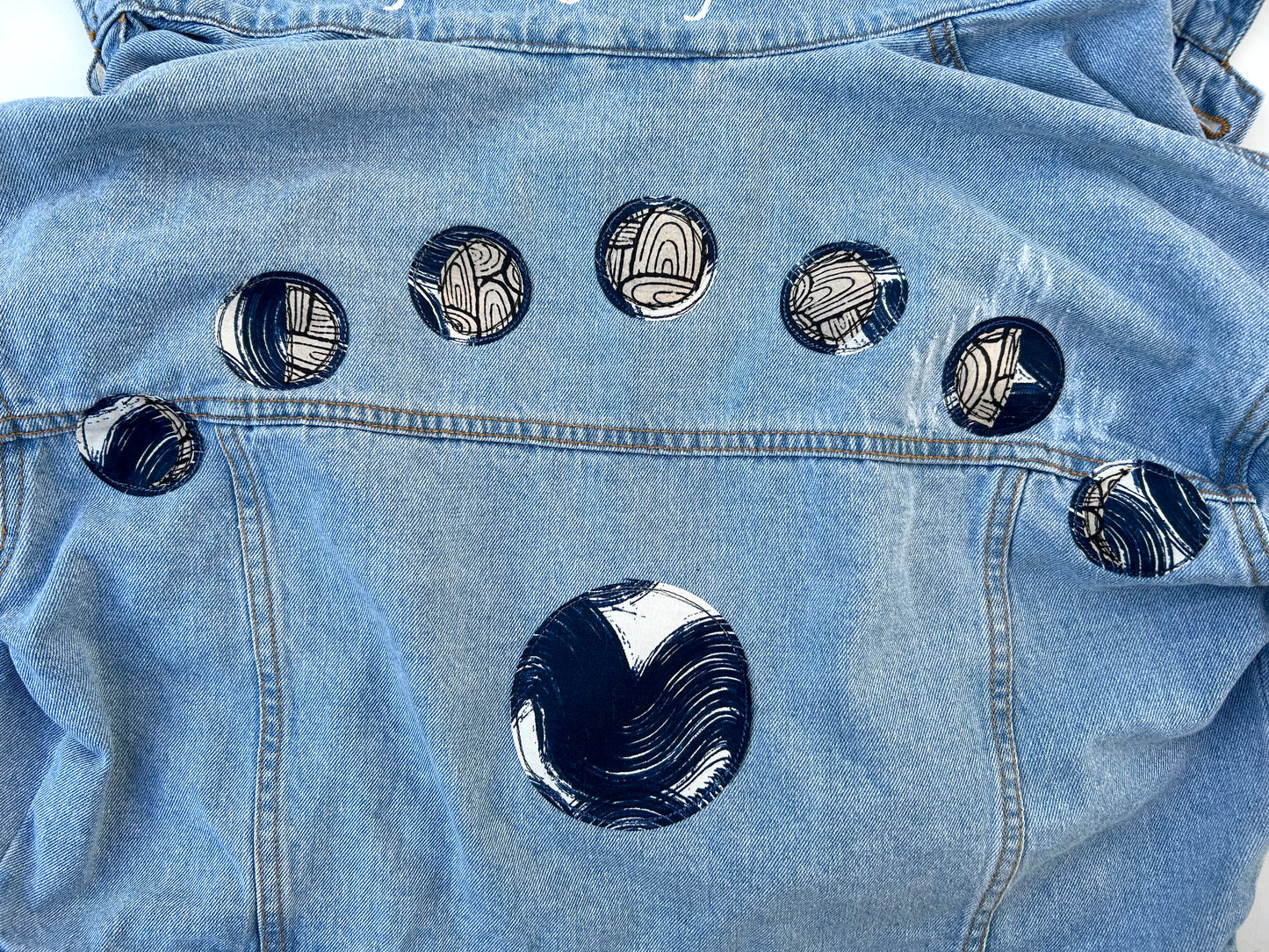 women's machine appliquéd upcycled denim: I'm going your way, moon phases