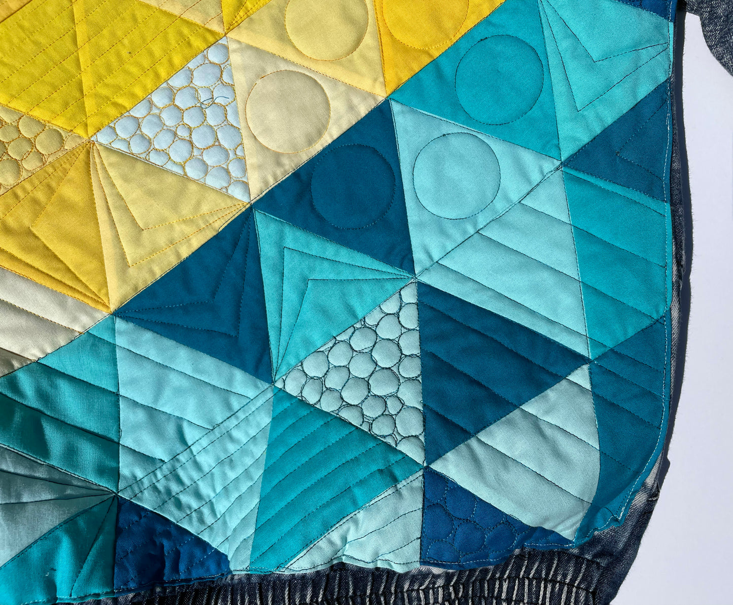 women's quilted patchwork denim jacket: yellow turquoise