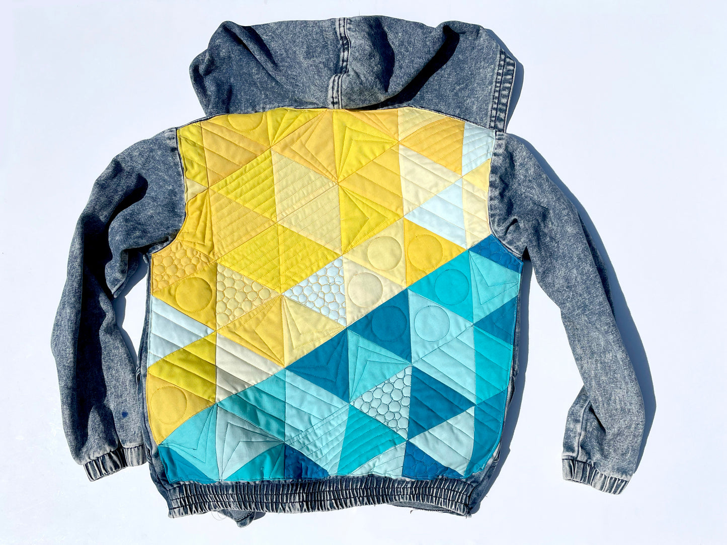 women's quilted patchwork denim jacket: yellow turquoise