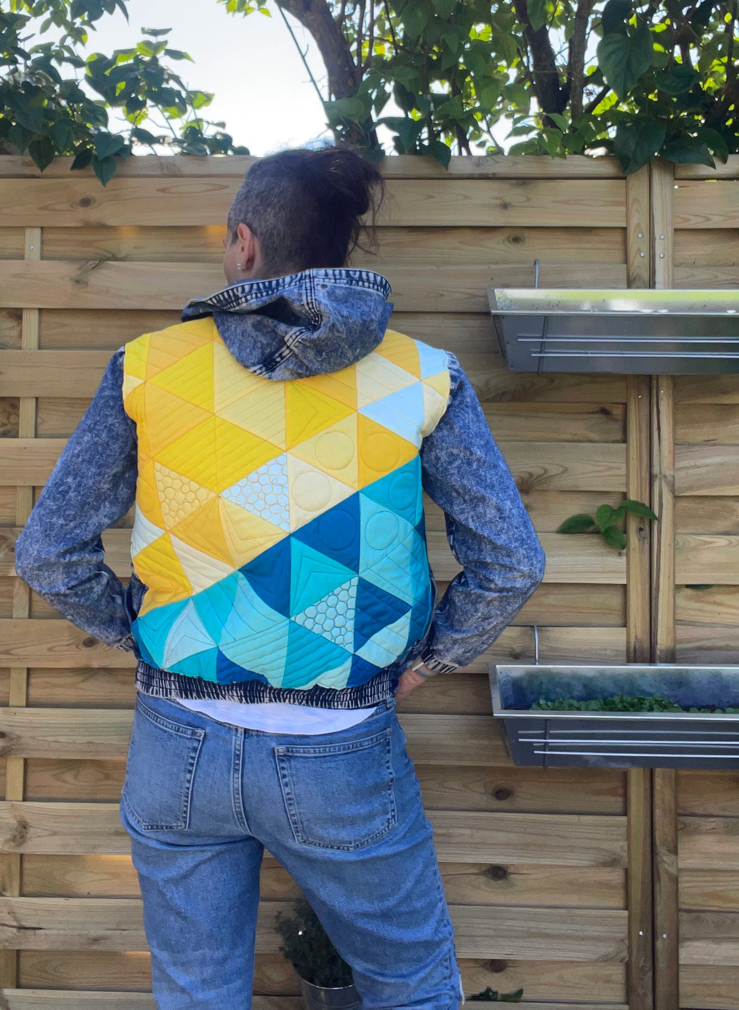 women's quilted patchwork denim jacket: yellow turquoise