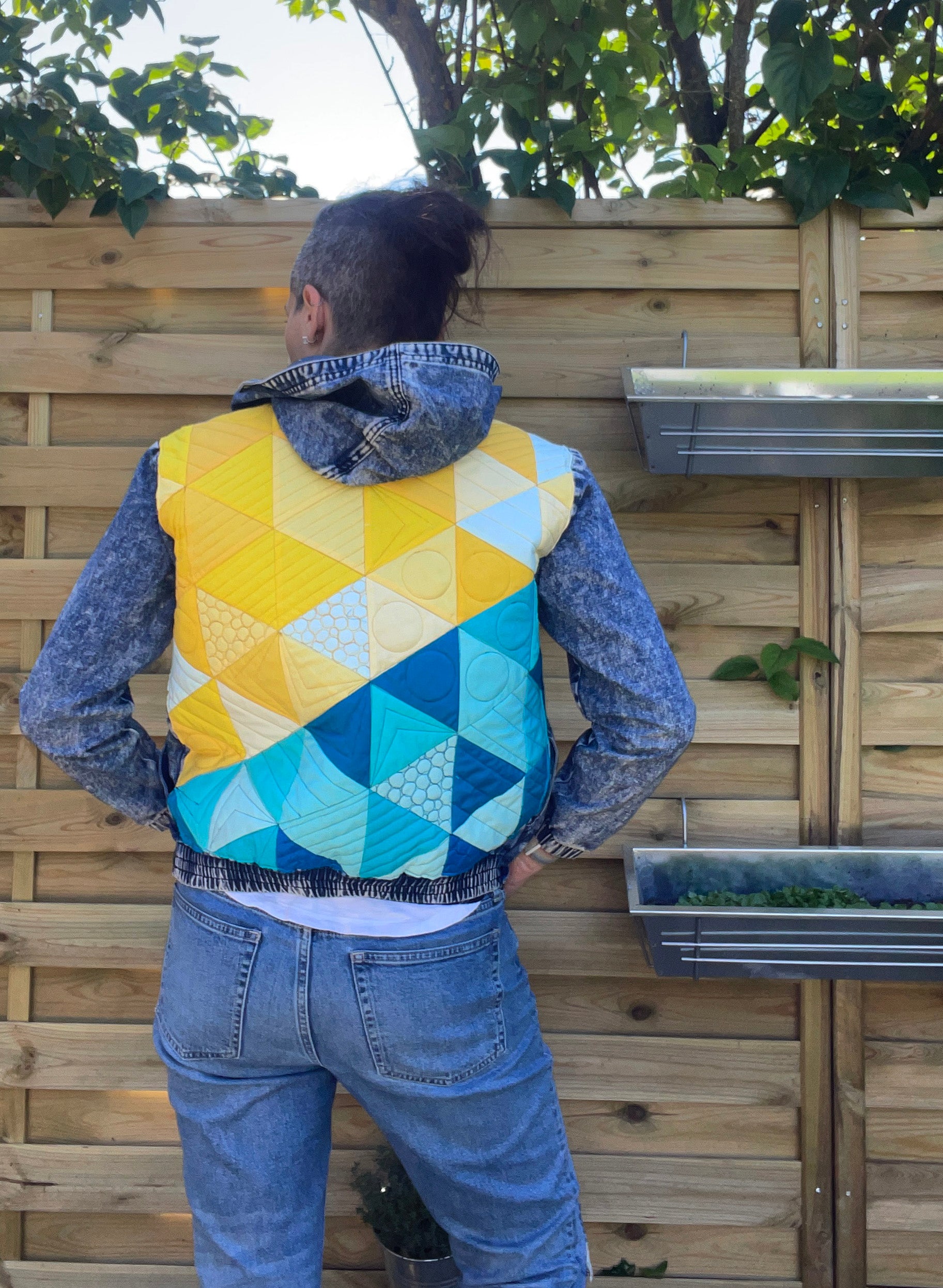 women's quilted patchwork denim jacket: yellow turquoise – Scout