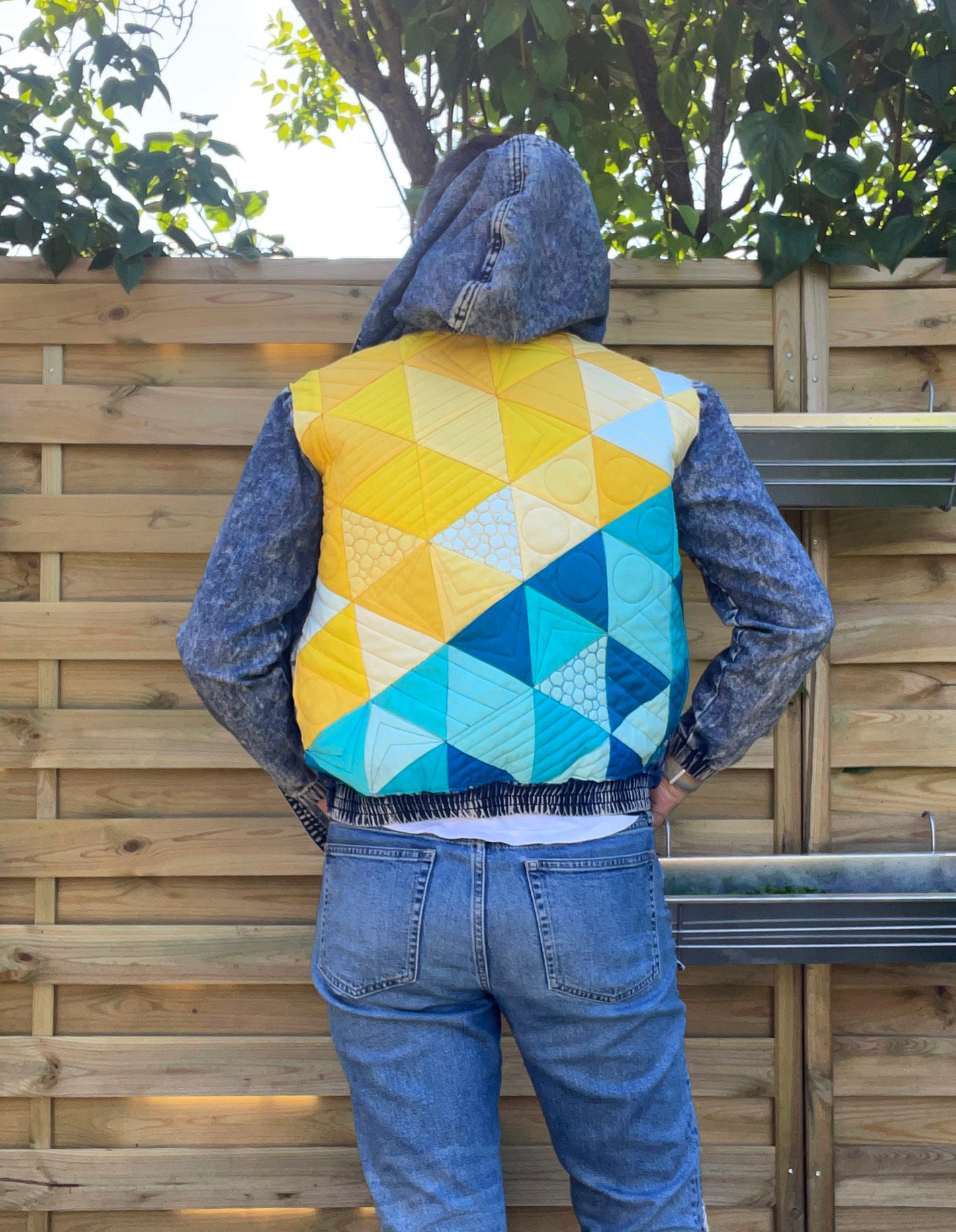 women's quilted patchwork denim jacket: yellow turquoise
