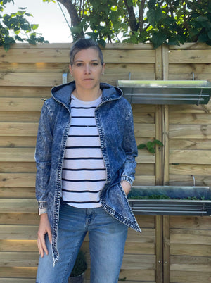 women's quilted patchwork denim jacket: yellow turquoise
