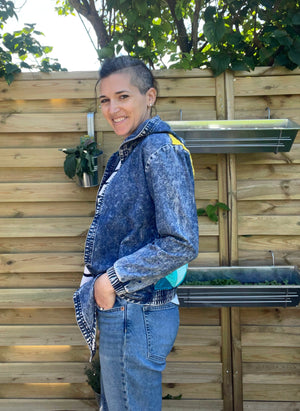 women's quilted patchwork denim jacket: yellow turquoise