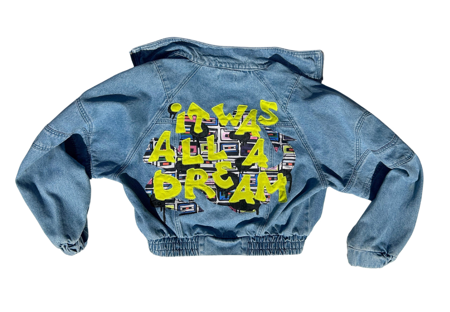 women's graffiti machine embroidered upcycled denim jacket: it was all a dream, retro style