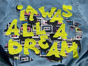 women's graffiti machine embroidered upcycled denim jacket: it was all a dream, retro style
