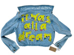 women's graffiti machine embroidered upcycled denim jacket: it was all a dream, cropped
