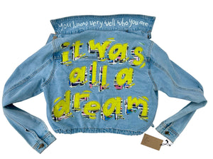 women's graffiti machine embroidered upcycled denim jacket: it was all a dream, cropped