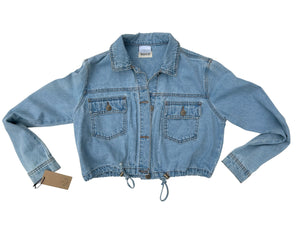 women's graffiti machine embroidered upcycled denim jacket: it was all a dream, cropped