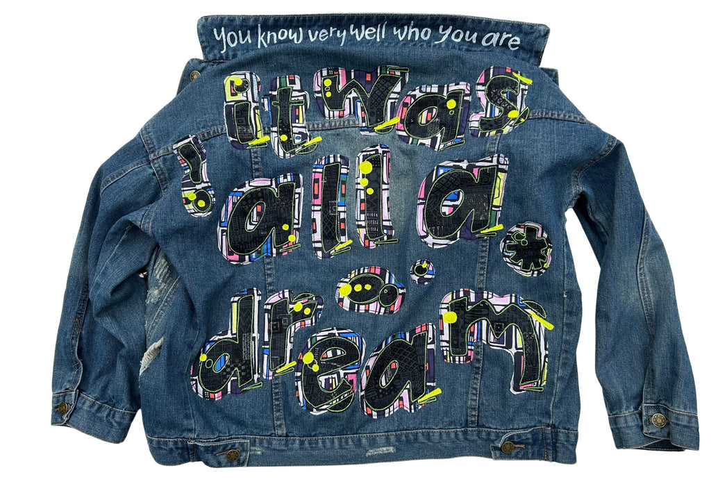 women's graffiti machine embroidered upcycled denim jacket: it was all a dream, relaxed fit