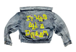 women's graffiti machine embroidered upcycled denim jacket: it was all a dream, vintage acid wash