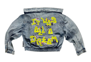 women's graffiti machine embroidered upcycled denim jacket: it was all a dream, vintage acid wash