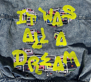 women's graffiti machine embroidered upcycled denim jacket: it was all a dream, vintage acid wash