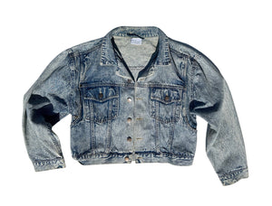 women's graffiti machine embroidered upcycled denim jacket: it was all a dream, vintage acid wash