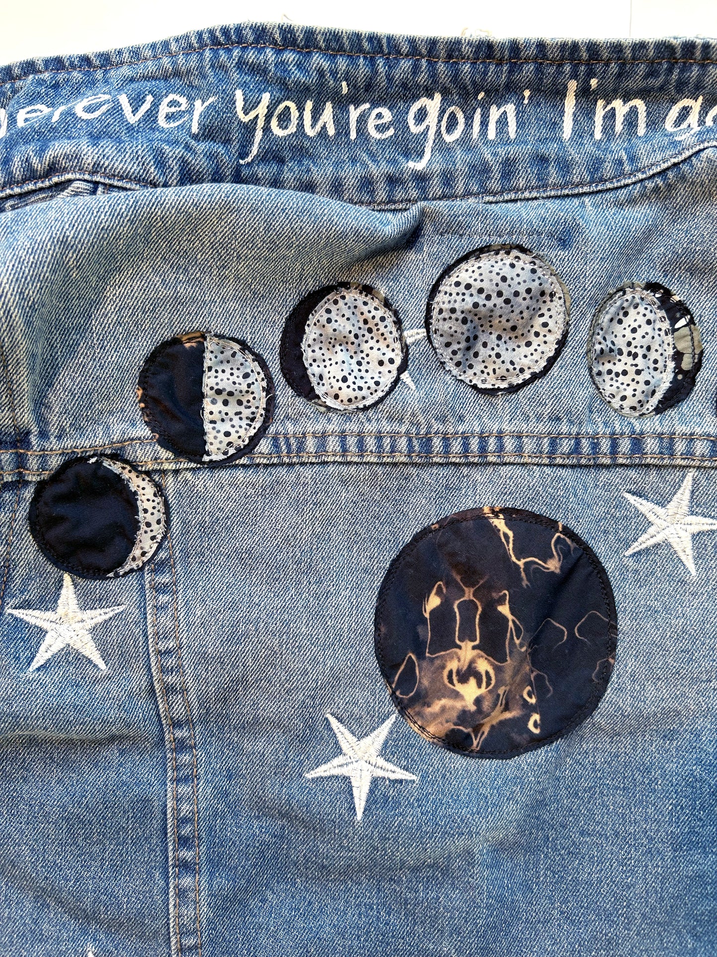 women's machine appliquéd upcycled denim jacket: moon phases