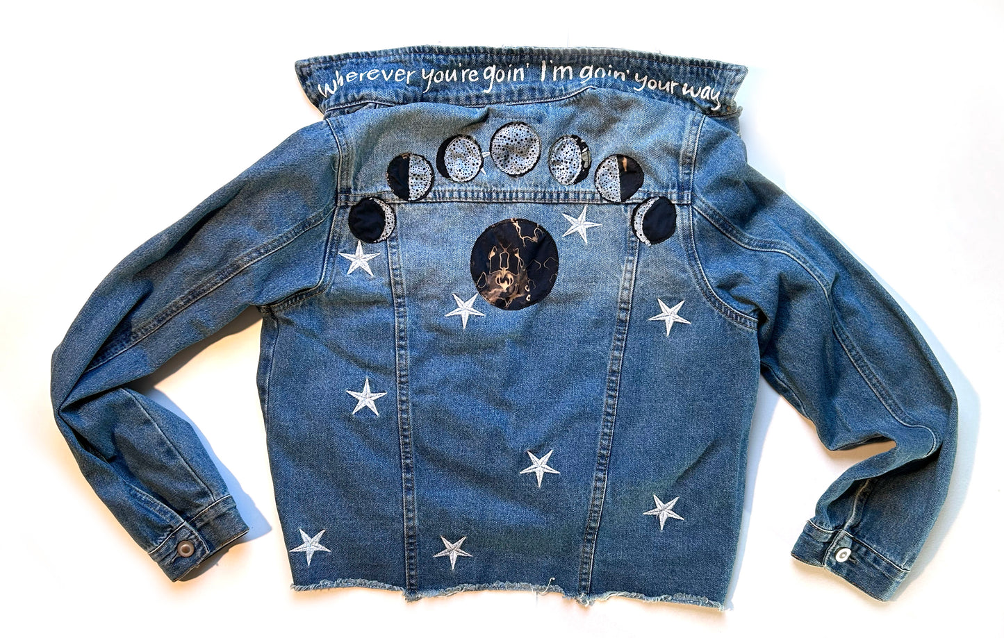 women's machine appliquéd upcycled denim jacket: moon phases