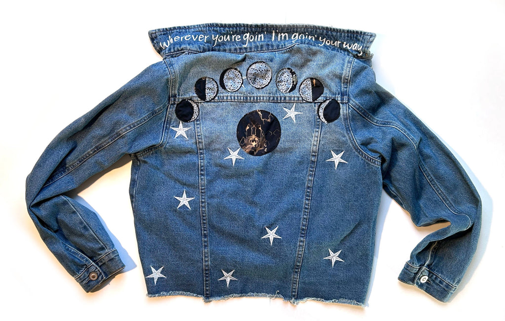 women's machine appliquéd upcycled denim jacket: moon phases