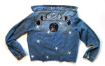 women's machine appliquéd upcycled denim jacket: moon phases
