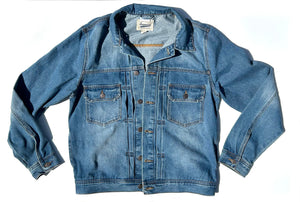 women's upcycled denim jacket: upcycled southwestern wool blanket remnant pink/brown