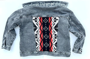 women's upcycled denim jacket: upcycled faux shearling southwestern wool blanket remnant black, gray, red
