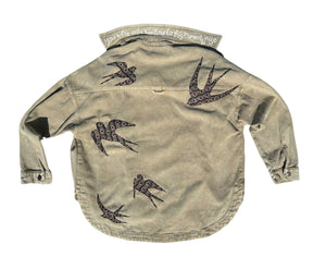 women's machine appliquéd  upcycled denim shirt jacket: sparrows