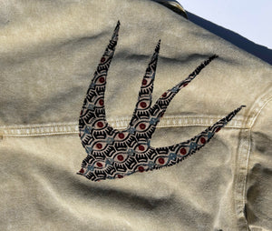 women's machine appliquéd  upcycled denim shirt jacket: sparrows