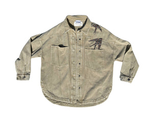 women's machine appliquéd  upcycled denim shirt jacket: sparrows