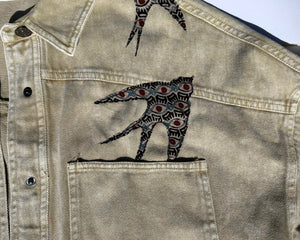 women's machine appliquéd  upcycled denim shirt jacket: sparrows