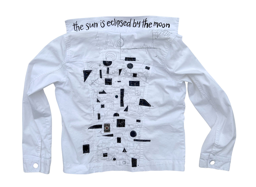 women's thread painted upcycled white denim jacket: wearable art, the sun is eclipsed by the moon