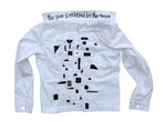 women's thread painted upcycled white denim jacket: wearable art, the sun is eclipsed by the moon