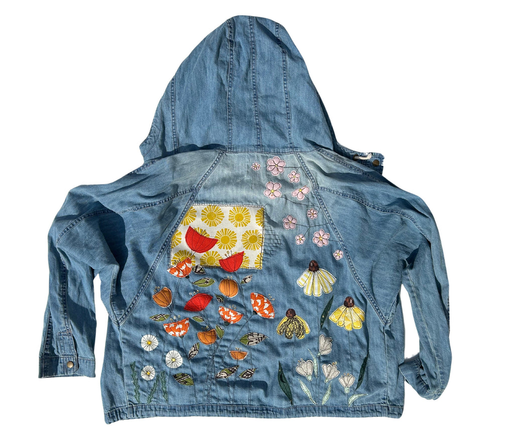 women's upcycled appliquéd & thread painted hooded jacket: wildflowers